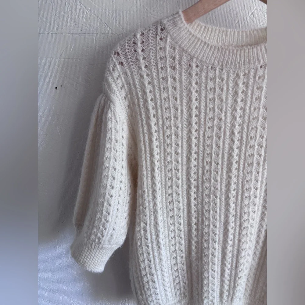OAK + FORT Textured Cream Knit Woven Puff Sleeve Boho Oversized Sweater Top - Picture 5 of 9